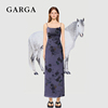 garga新中式紫色印花吊带连衣裙，女复古性感御姐收腰包臀辣妹长裙