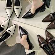 粗跟黑色尖头跟鞋女2024韩版法式小皮鞋复古通勤乐福鞋子
