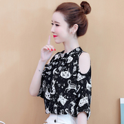 韩国雪纺衫女夏季时尚洋气露肩心机衬衫上衣设计感休闲遮肚子小衫