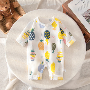 婴儿夏天棉纱长袖连体衣0-3-6-9-12个月满月宝宝纯棉纱布哈衣可爱