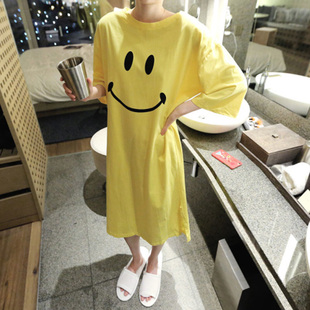 黄色笑脸短袖纯棉三十而已钟晓芹同款睡裙，韩版宽松大码可爱睡衣女