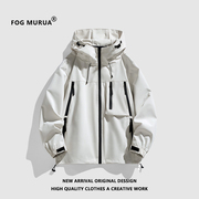 fogmurua美式机能风纯色，连帽冲锋衣男复古宽松潮流山系户外外套