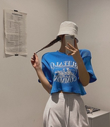 Cmy korea韩国东大门代女装孔雀蓝色字母坑条纹短款T恤女