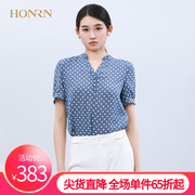 HONRN/红人休闲蓝色v领波点印花显瘦短袖雪纺衬衫上衣女夏季衬衣