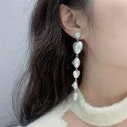 轻奢镶钻珍珠爱心耳钉水钻，桃心长耳坠气质，小众高档设计感耳环精致