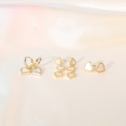 天然贝母壳耳钉唯美铜镀金镶嵌天然贝母片锆石高级心形KS耳钉耳环