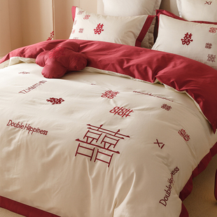 新中式婚嫁床上四件套全棉60支喜字，刺绣红色结婚庆被套床单床笠
