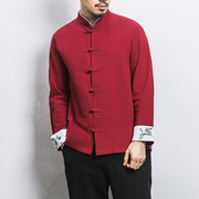 春秋季红色唐装外套，男潮中国风仙鹤刺绣衬衫，男长袖立领盘扣中山装