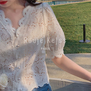 Rouje Paris法式蕾丝刺绣泡泡袖衬衫女夏镂空短款设计感小众上衣