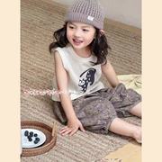 a635女宝宝小猫咪卡通印花背心+复古灯笼裤女童，夏季韩系时髦套装