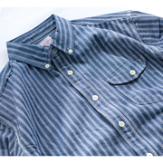 日系复古牛仔蓝色竖条纹衬衫，男士纯棉宽松情侣休闲衬衣外套设计感
