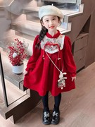 女童红色加绒儿童过年服冬季裙子玩偶，新年拜年服女宝宝秋冬连衣裙