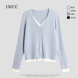 IMCC设计感小众洋气个性假两件V领针织开衫女宽松显瘦拼色上衣ins