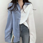 高货韩国chic秋季减龄复古小众设计感撞色休闲条纹拼接衬衫女上衣