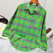 韩版秋季长袖chic磨毛绿色格子衬衫，bf休闲简约时尚简约打底衬衣女