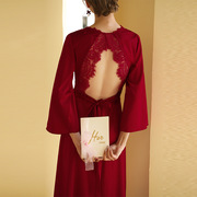 红色性感法式新娘晨袍长款冰丝蕾丝镂空高级睡衣女婚礼结婚睡袍夏