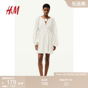 HM女装连衣裙2024夏季休闲大廓形系带V领灯笼袖短裙1232463