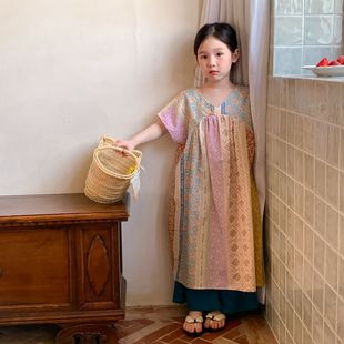 女童连衣裙母女装2023夏款儿童短袖印花波西米亚长裙亲子装沙滩裙