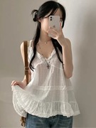韩国chic夏季减龄气质复古甜美小众设计花边显瘦拼接百搭吊带小衫