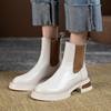 马丁靴2023年秋季粗跟女士短靴厚底松紧带，短筒米白色真皮靴子