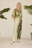 澳洲小众设计23春夏 绿色条纹花卉拼色 斜纹真丝宽松衬衫长裤套装