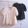 法式小清新欧根纱刺绣花蕾丝衫，高腰娃娃衫，韩国甜美短袖衬衫夏季新