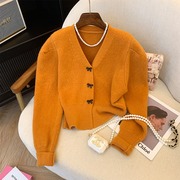 橘黄色复古短款毛衣女秋冬甜美蝴蝶结针织开衫，小个子长袖上衣外套