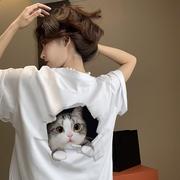 美式百搭韩系短袖t恤女情侣装小众猫咪，甜美学生减龄上衣半袖