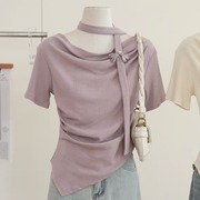 十三行女装不规则一字肩上衣高级感浅香芋紫色别致绝美短袖T恤夏