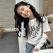 韩国童装女童春秋2024割破长袖字母印花T恤衫纯棉白色上衣打底衫