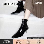 STELLA LUNA女鞋冬欧风尖头细跟裸靴黑色真皮螺旋跟时装靴子