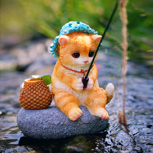 原创可爱小猫钓鱼花园流水装饰摆件，庭院假山造景树脂工艺品摆设