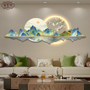 千里江山图客厅挂画新中式沙发背景墙，装饰画led发光山水风景壁画