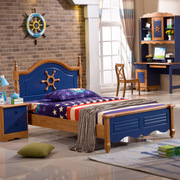 全实木儿童床男孩蓝色地中海单双人床，青少年简约卧室组合套房家具