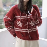 圣诞节红毛衣女款秋冬季主题风，氛围感2023红色复古宽松针织衫