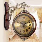 美式实木双面挂钟，欧式钟表静音客厅石英钟，两面挂表复古创意大时钟