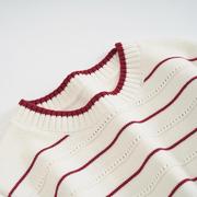 全棉100%红白条纹毛衣女(毛衣女，)套头圆领，秋冬长袖针织打底衫粗线宽松版
