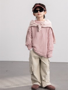 男童毛衣儿童2024韩版纯色，镂空针织衫男孩个性时髦宽松毛线衣(毛线衣)
