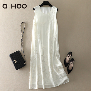 QHOO柒后 2024夏季高端大牌女装重工立体刺绣亮片无袖连衣裙