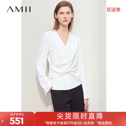 Amii2024春高级通勤风气质V领解构交叉扭结雪纺衫女长袖上衣