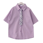 DuForm自制夏季复古学院风宽松短袖纯棉紫色衬衫配格子领带