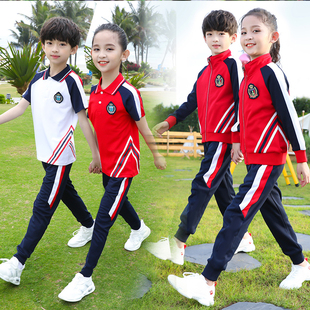 幼儿园园服小学生儿童纯棉班校服运动三件套装春秋夏季红白色