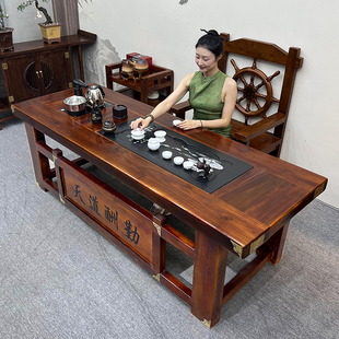 老船木茶台办公一体中式茶具家用套装客厅简约茶几V方形全实木茶