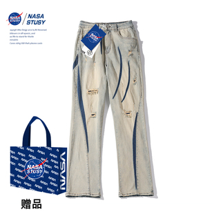 NASA潮牌2024夏季嘻哈直筒痞帅裤子男美式高街宽松破洞牛仔裤