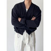 mrdong韩国男装时尚抽绳可收腰气质v领轻熟短款针织开衫外套