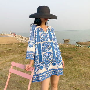 连衣裙旅游海边度假宽松大码显瘦短裙夏天沙滩适合拍照蓝色半身裙