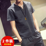 亚麻短袖t恤男中国风夏季男士两件套宽松大码潮流透气V领短裤套装