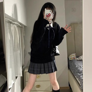 jk制服v领针织衫外套女秋冬正版叠穿学院风长袖黑色套头马甲毛衣