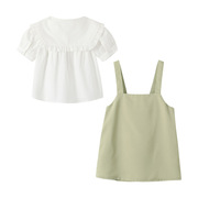 时髦童装宝宝夏季衣服，2023白色海军领棉质女童，套装时尚宝宝背带裙
