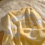 奶黄色vintage拼色套头毛衣男女秋冬宽松chic学生甜美减龄针织衫